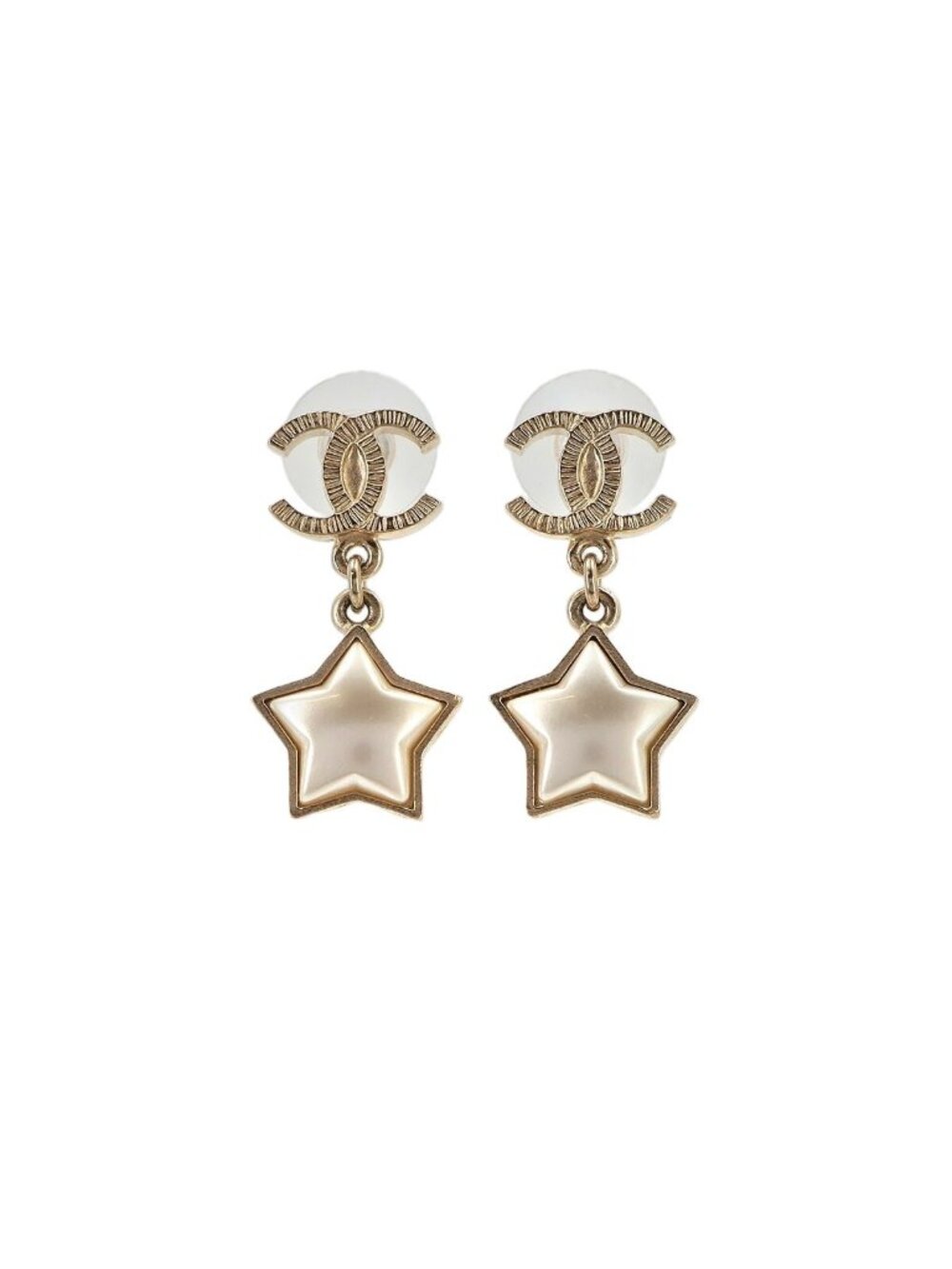Chanel CC Logo Star Swing Earrings Faux Pearl Gold White